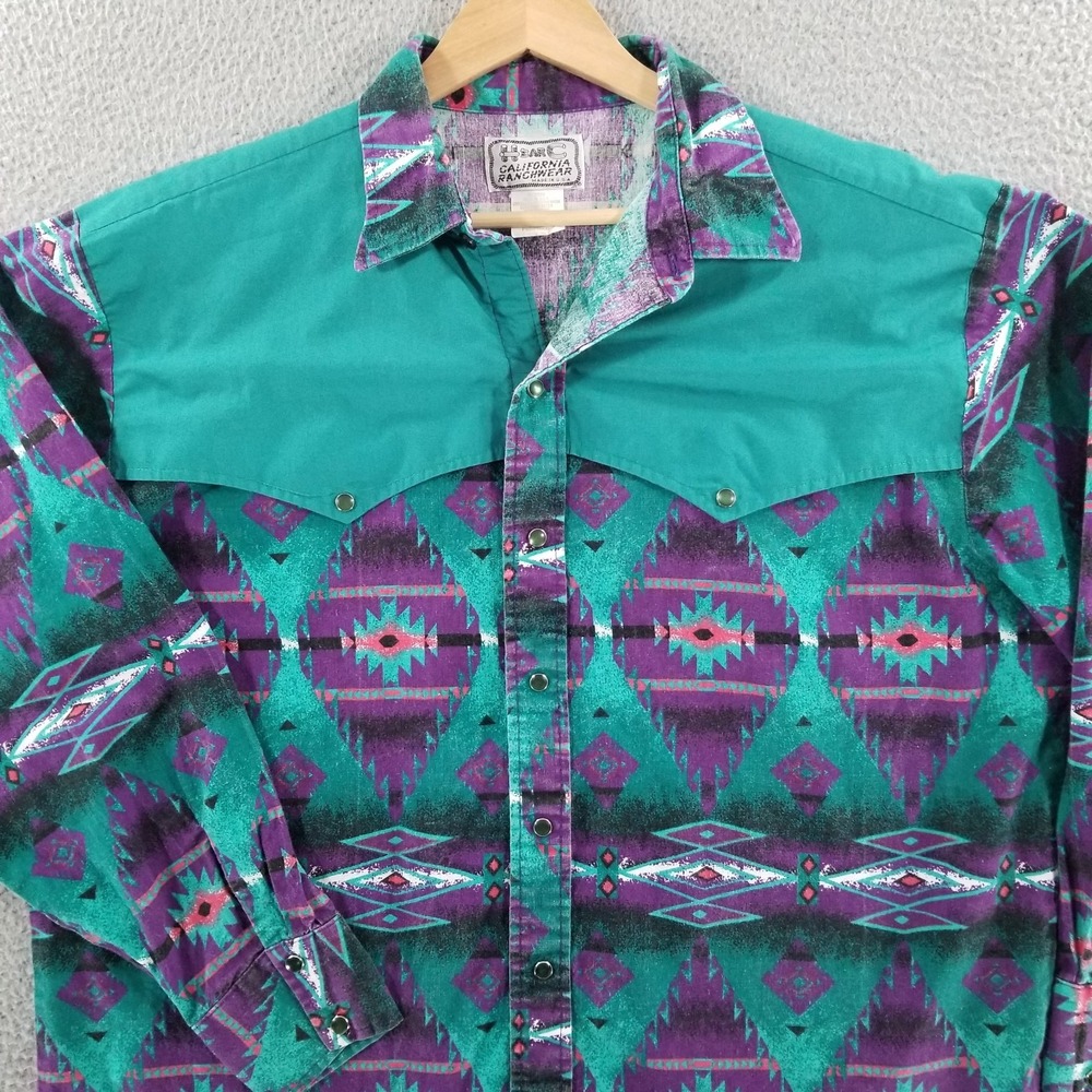 Vintage H Bar C Shirt Mens Large Green Purple Western Pearl Snap Aztec USA Made